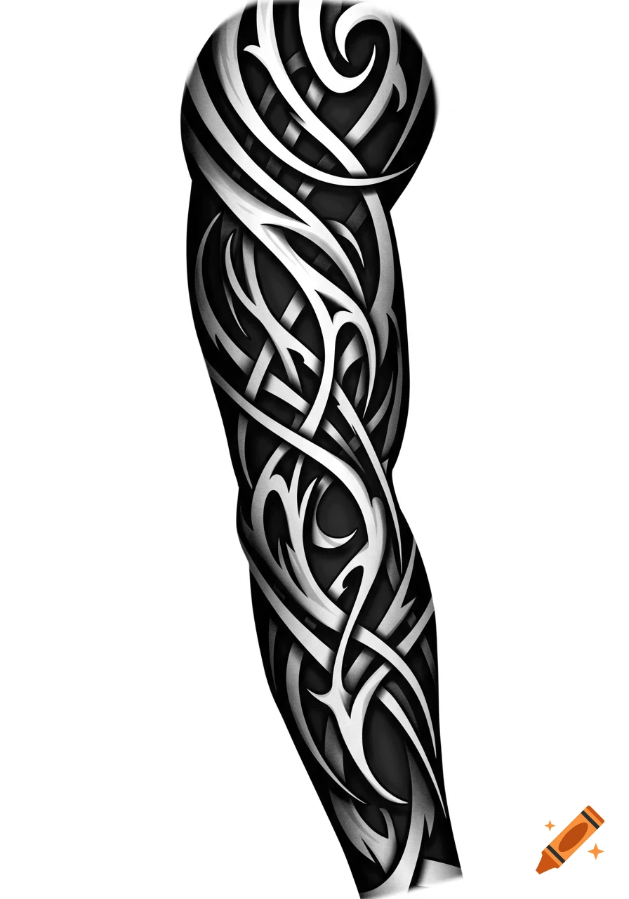 Black and white tribal tattoo design covering an arm, with intricate, swirling patterns.