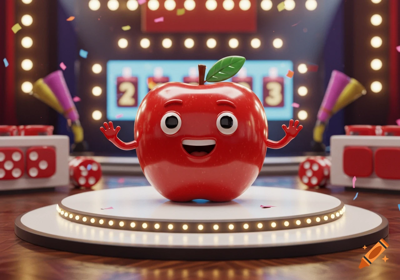 A cheerful 3D cartoon apple character with a leaf stands on a stage with confetti, spotlights, and a slot machine in the background.