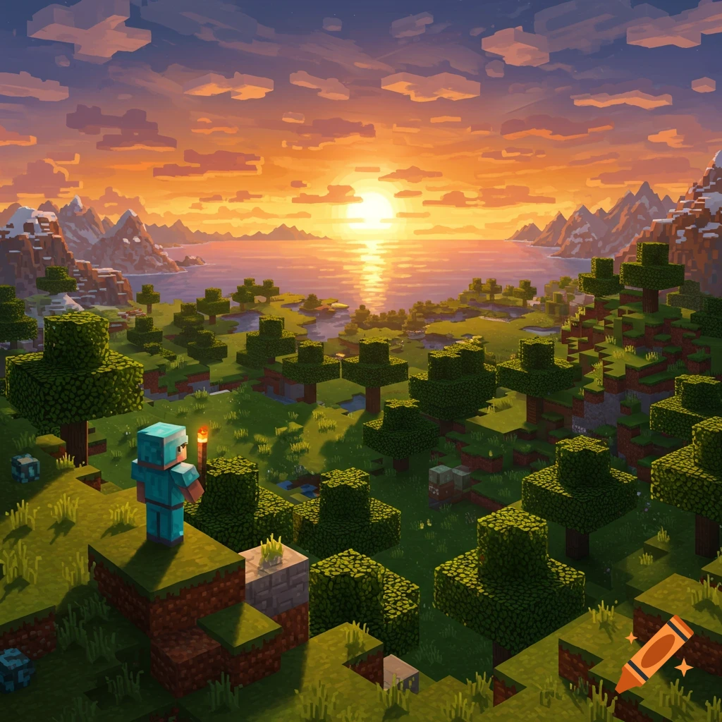 A Minecraft-style character in blue armor stands on a blocky hill, overlooking a vibrant sunset over a lake and forested mountains.