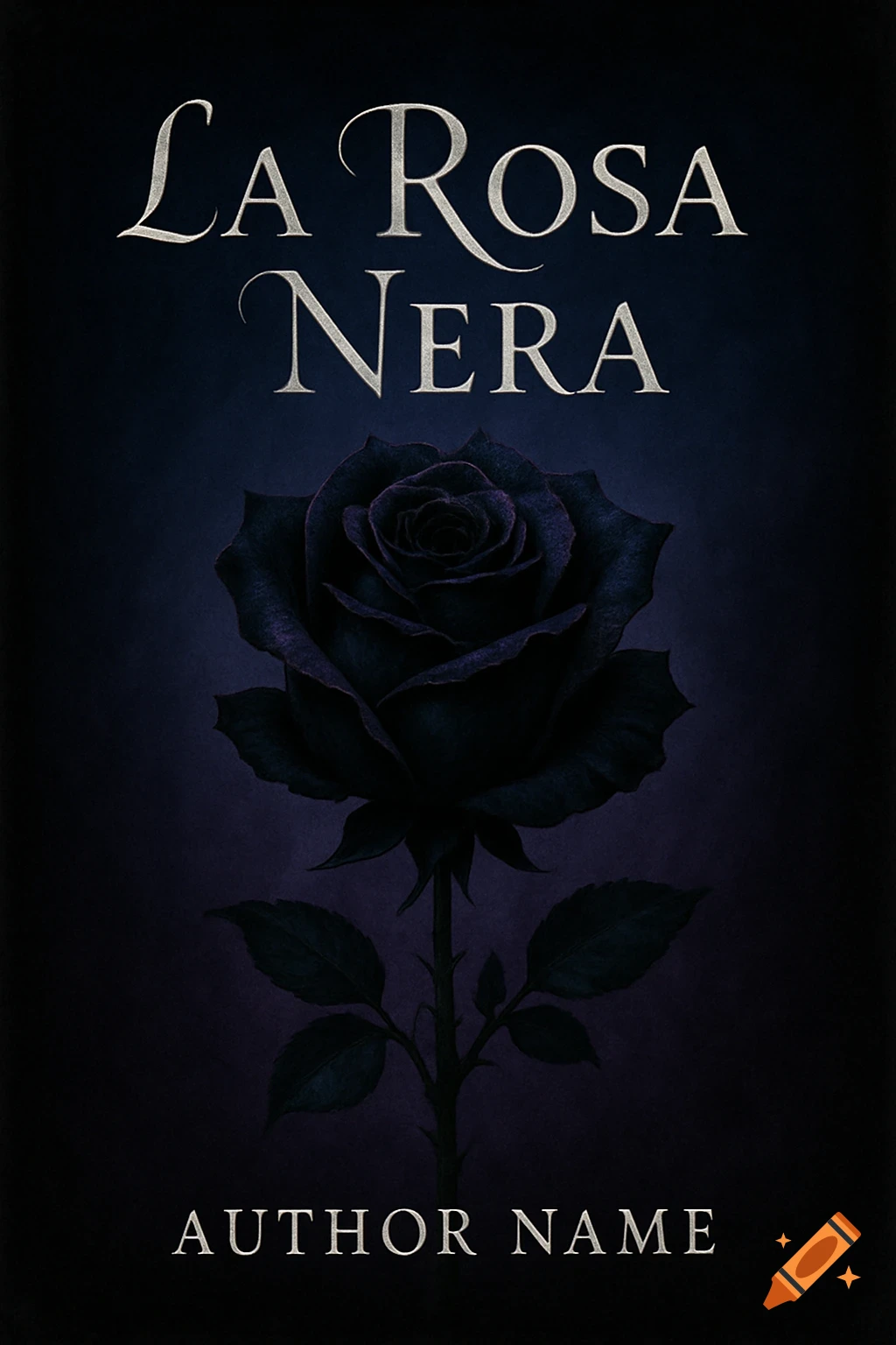 A dark book cover featuring a black rose with 'La Rosa Nera' at the top and 'Author Name' at the bottom against a deep blue and purple gradient background.