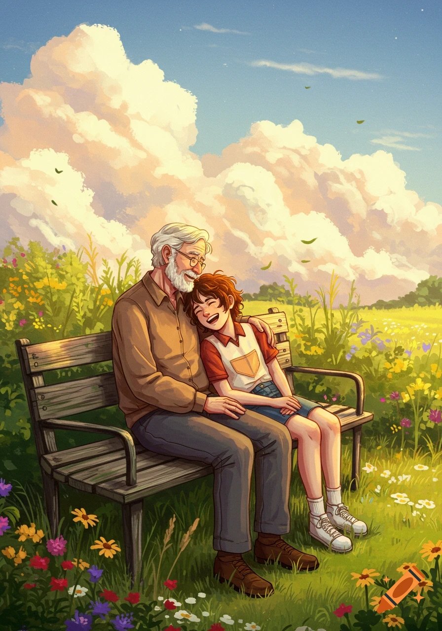 Illustrated old man and young person sitting on a bench in a sunny, flower-filled field, smiling and hugging.