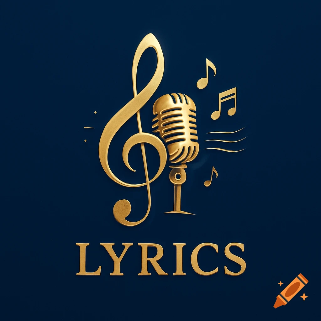 Gold treble clef, vintage microphone, and musical notes with "LYRICS" text on a dark blue background.