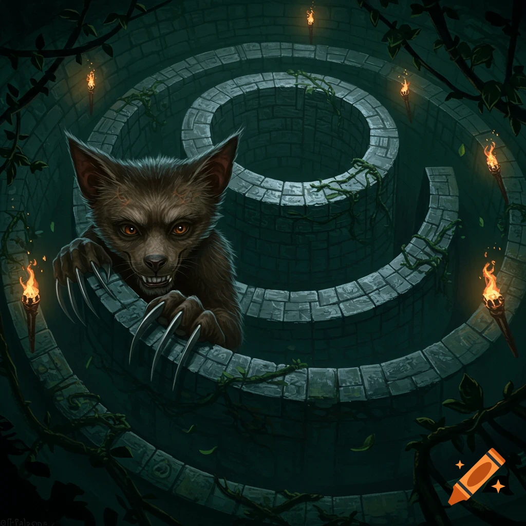 A menacing, fanged wolverine-like creature with glowing eyes peeks from a dark stone labyrinth with torches and vines. Illustration.