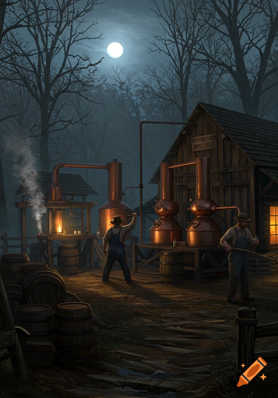 Two men operate copper stills and barrels at a moonshine distillery in a dark, moonlit forest, digital painting.