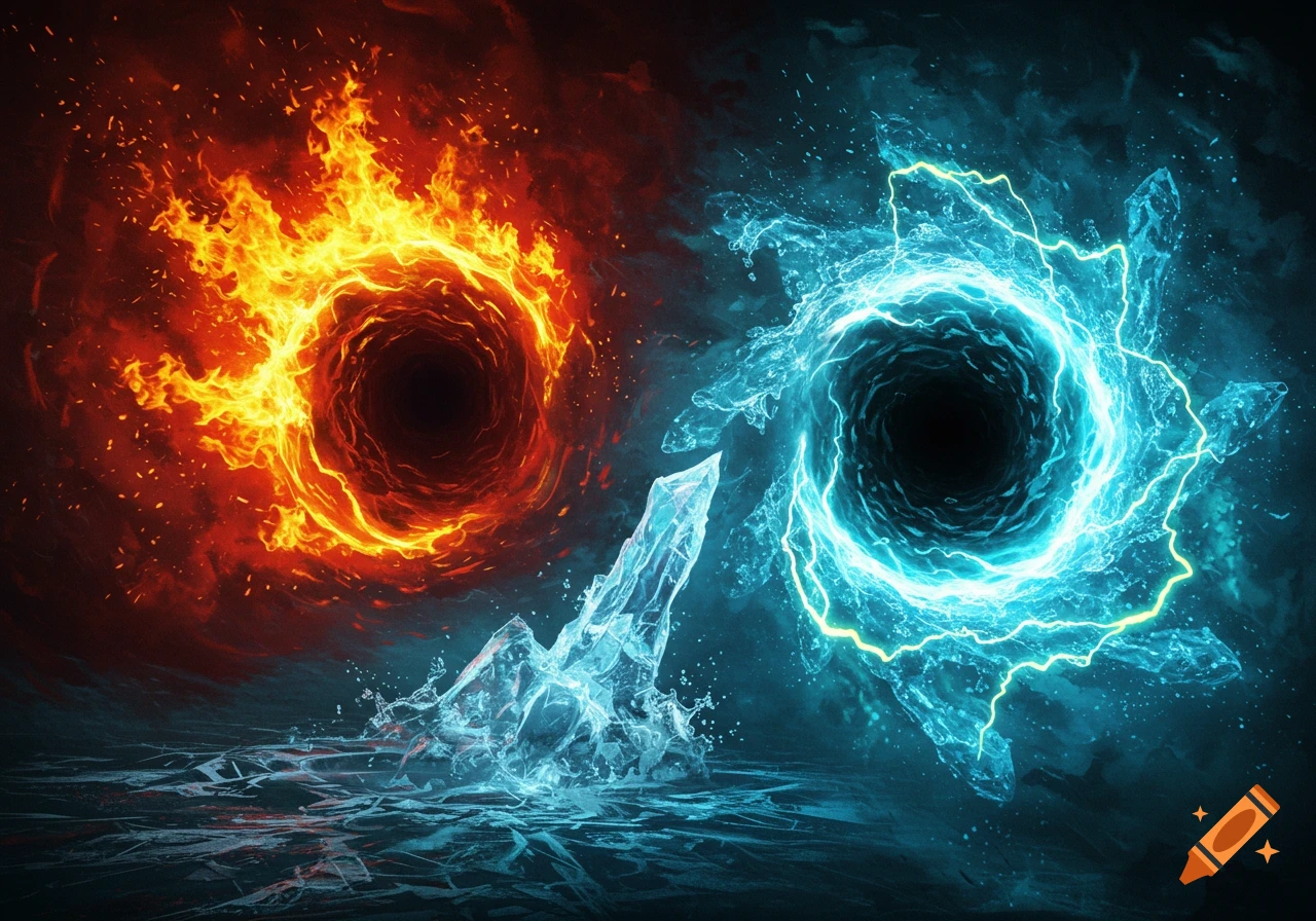 Two swirling voids: one fiery red-orange, one icy blue with lightning, separated by a sharp ice shard in a fantasy digital artwork.
