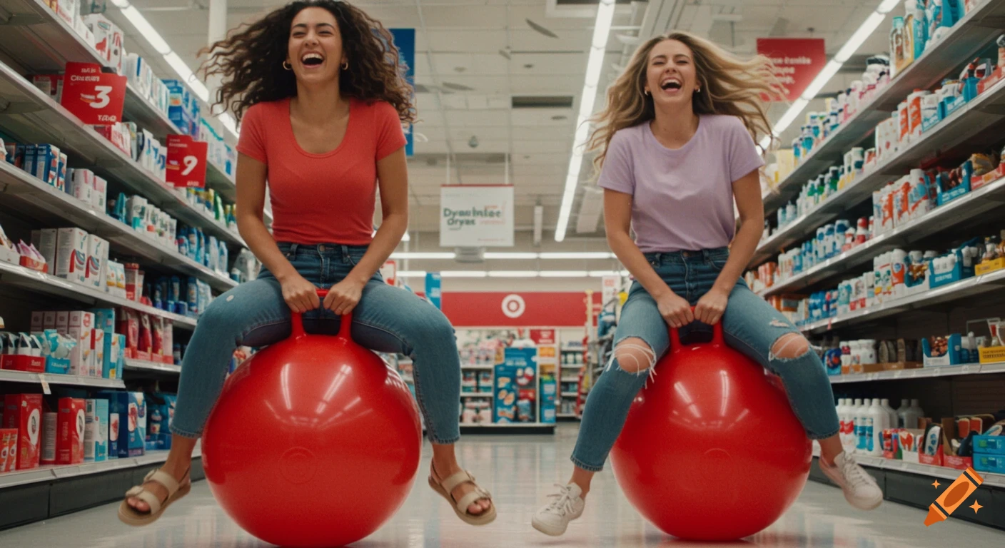 Two happy young women in a Target store, dressed in t-shirts and jeans, bouncing on large red hopper balls.