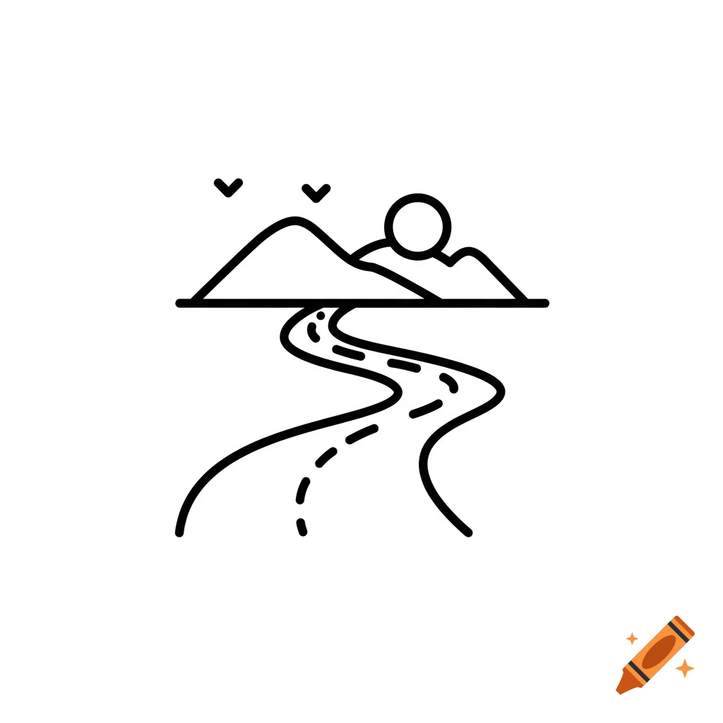 Minimal line art icon depicting a winding road leading towards two mountains with a sun and two birds above.