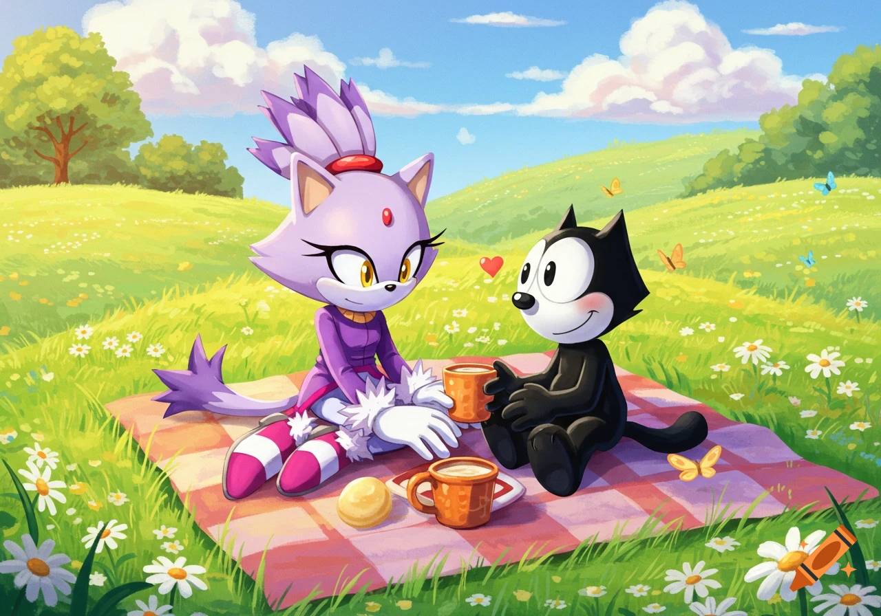 Cartoon illustration of Blaze the Cat and Felix the Cat having a picnic on a checkered blanket in a grassy field with daisies.