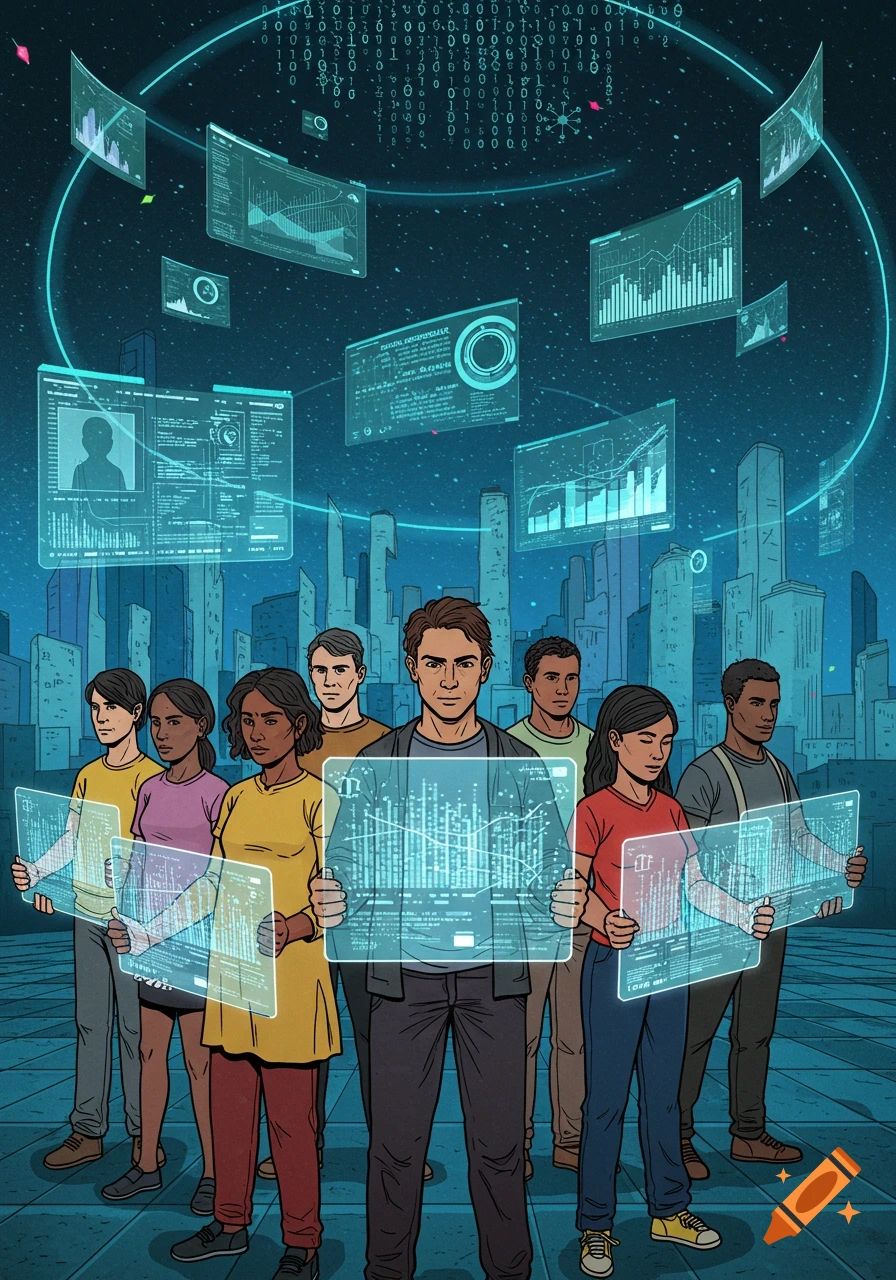 A diverse group of people in comic book style stand before a futuristic city, holding and surrounded by glowing data screens with charts and binary code.