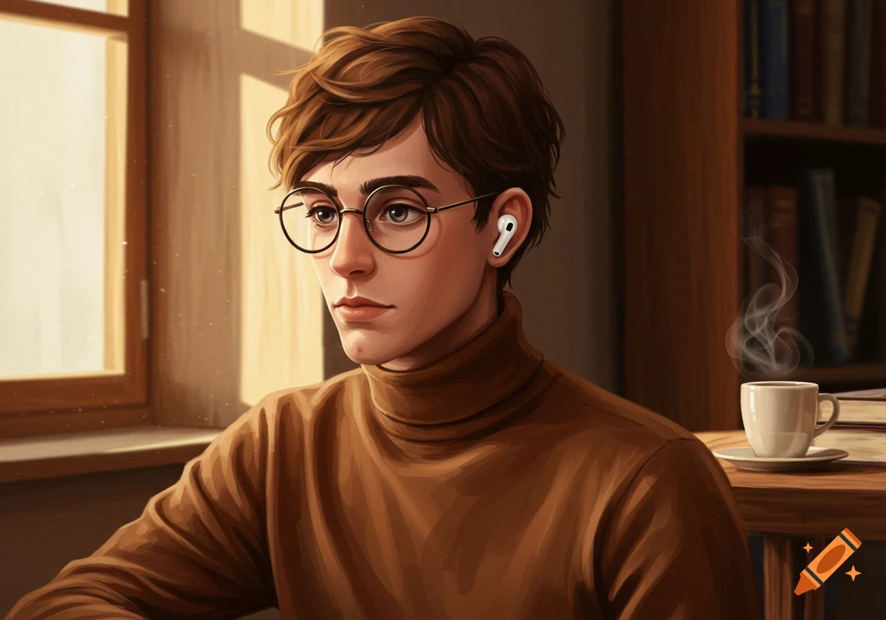A digitally painted portrait of a young man with short brown hair, round glasses, and an AirPod, wearing a brown turtleneck indoors.