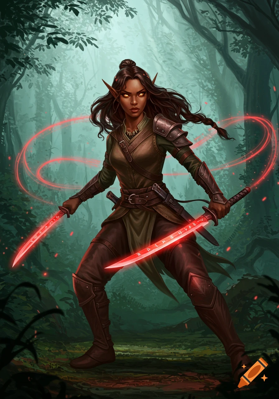 A dark-skinned elf warrior woman with glowing eyes dual-wields red glowing katanas with runes in a forest.