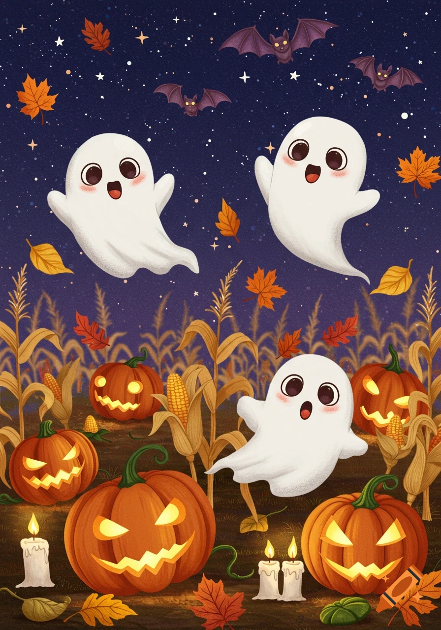 Cute Halloween illustration with white ghosts, glowing jack-o'-lanterns, bats, and autumn leaves in a cornfield at night.