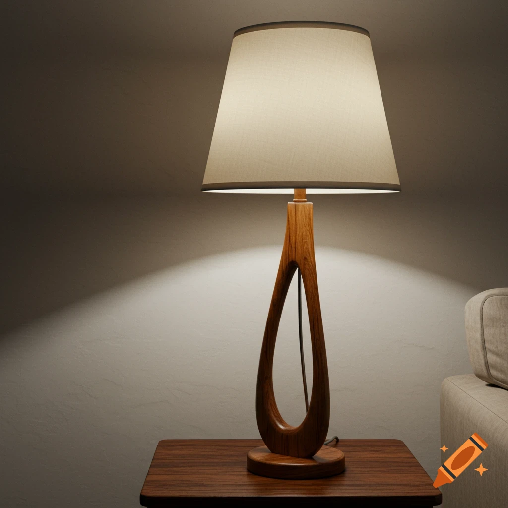 A photorealistic wooden table lamp with a cream fabric shade sits on a dark wood table next to a sofa.