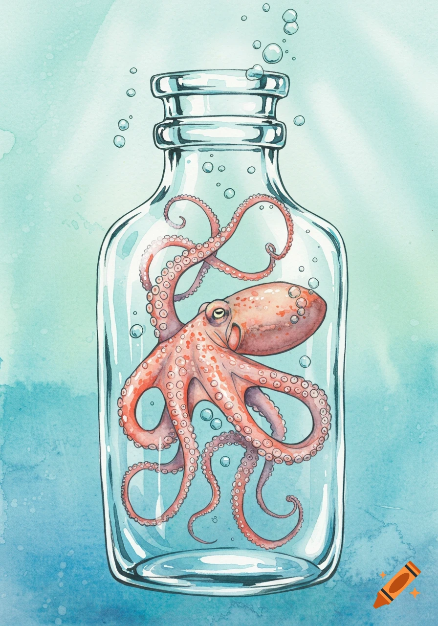 Watercolor illustration of a red octopus inside a clear glass bottle, surrounded by bubbles, against a blue-green background.