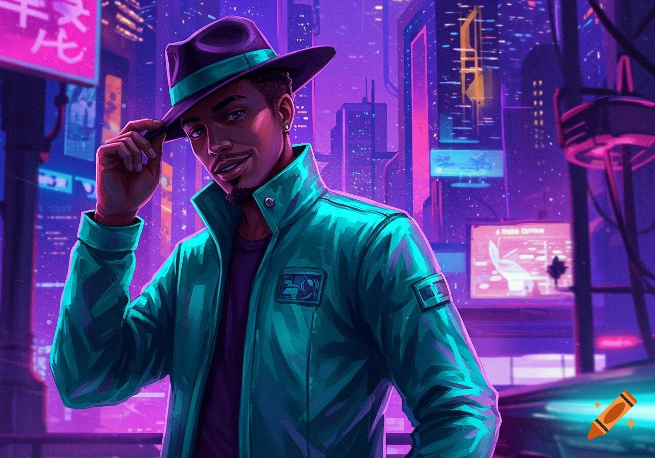 A stylish man in a teal jacket and fedora stands in a neon-lit cyberpunk city, looking at the viewer.
