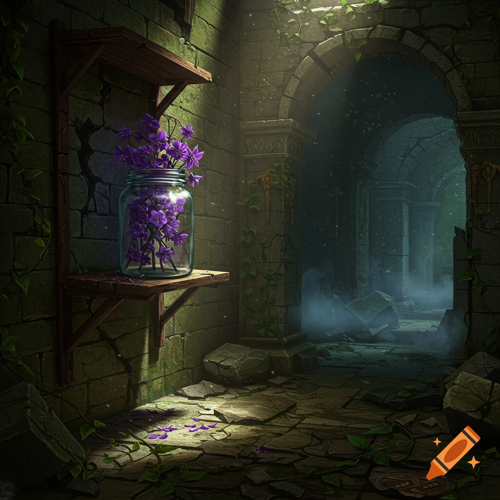 A jar of purple flowers on a shelf in a dimly lit, overgrown stone ruin with arched passages, in a fantasy art style.