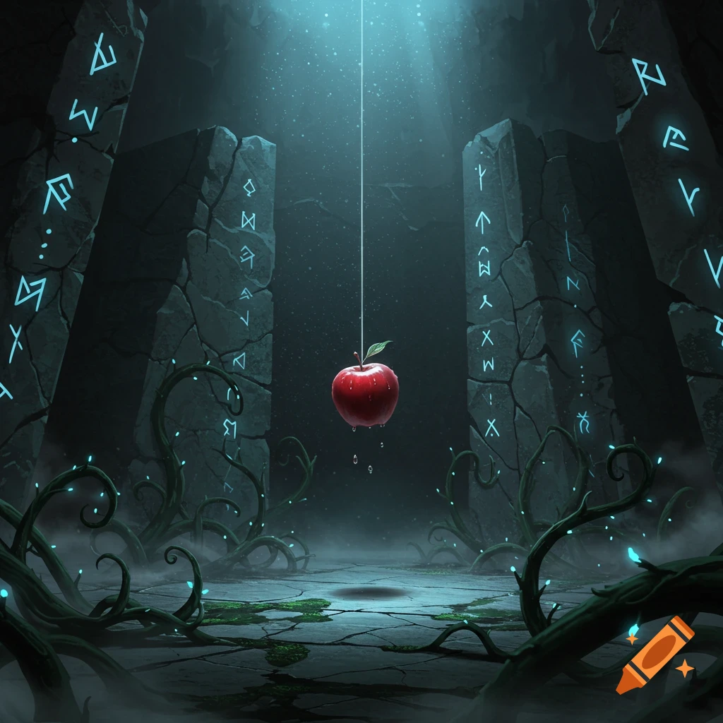 A glowing red apple hangs by a string in a dark, mystical ancient ruin with glowing blue runes on pillars and ethereal vines.