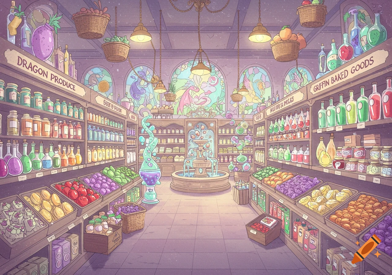 A whimsical cartoon illustration of a magical supermarket, with aisles of fantasy produce and potion bottles, and a central fountain.