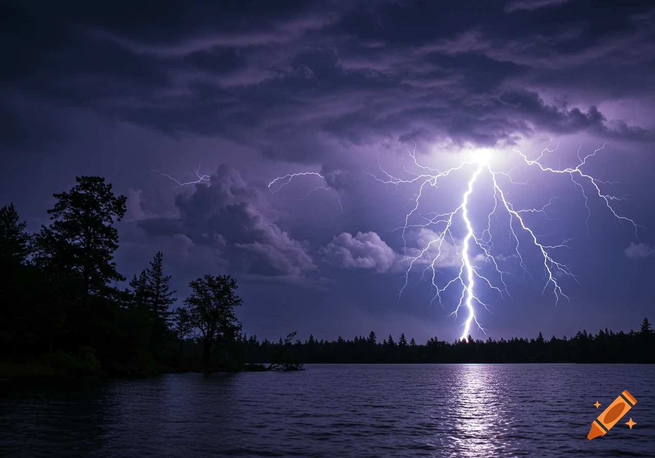 A brilliant lightning bolt illuminates a dark, purple stormy sky over a lake, with silhouetted trees lining the distant shore.