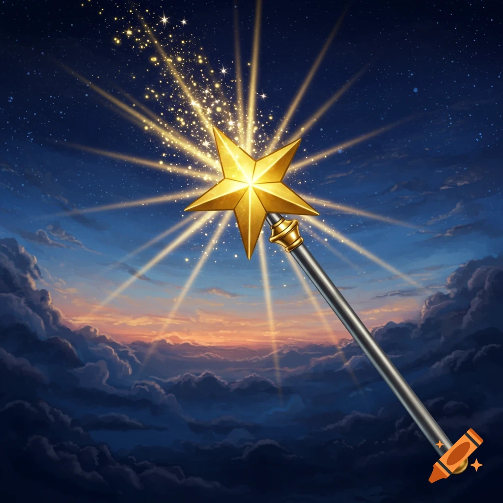 A golden star-tipped magic wand shines brightly with rays and sparkling stardust against a dramatic twilight sky filled with clouds.