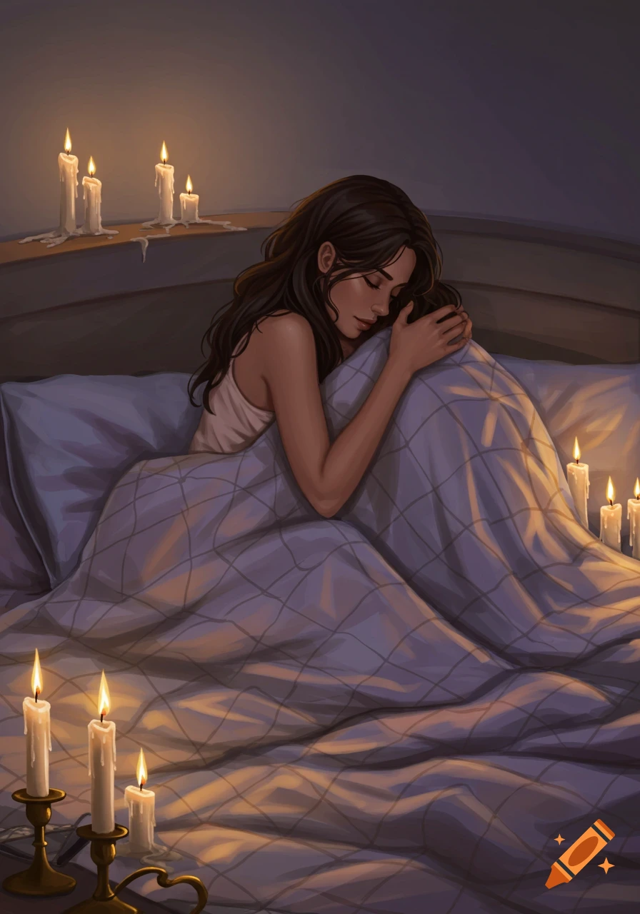 A brunette woman in a tank top embraces another person in bed, illuminated by several lit candles, in a digital illustration.