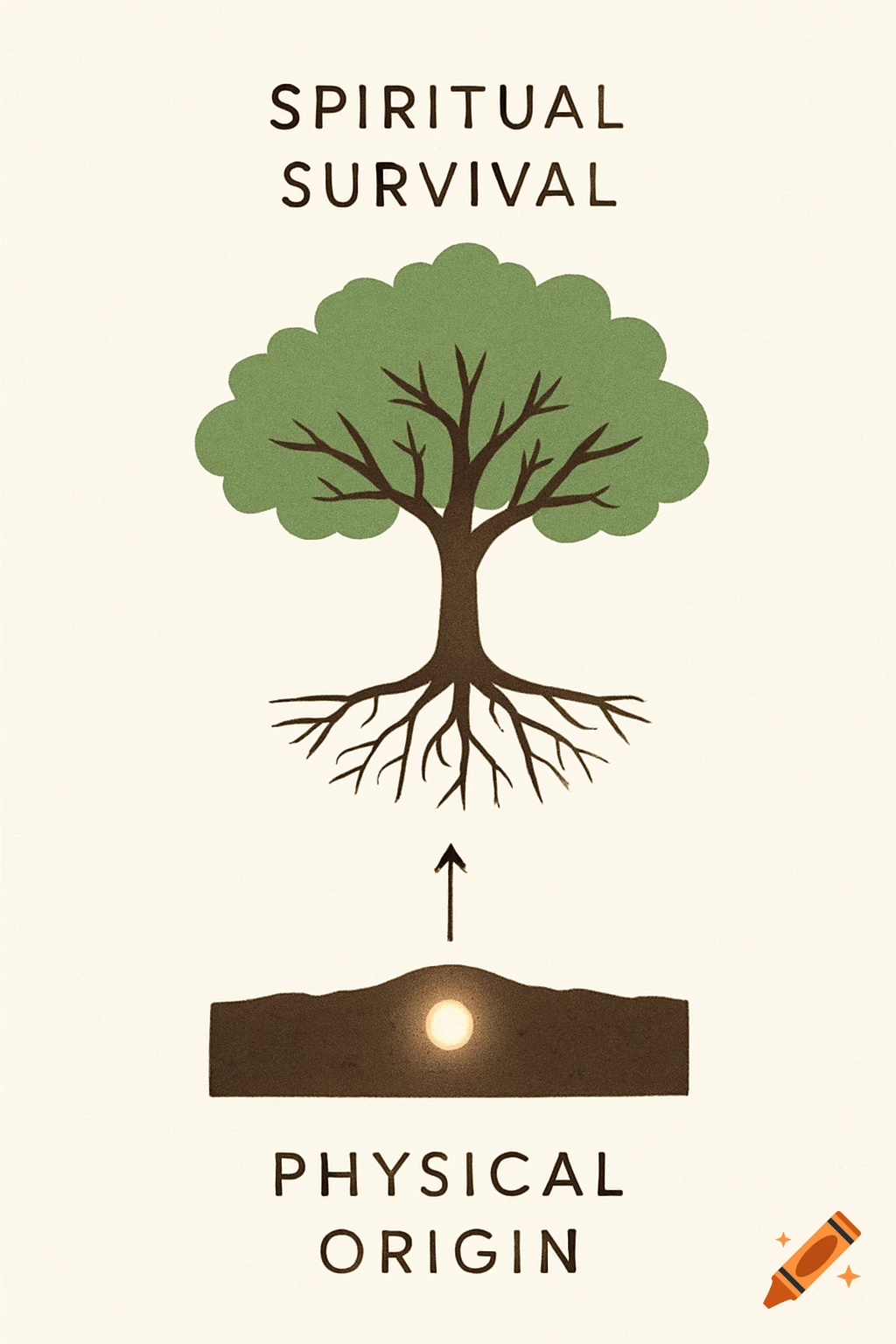A minimalist infographic with a tree labeled 'Spiritual Survival' above a seed in the ground labeled 'Physical Origin', connected by an arrow.