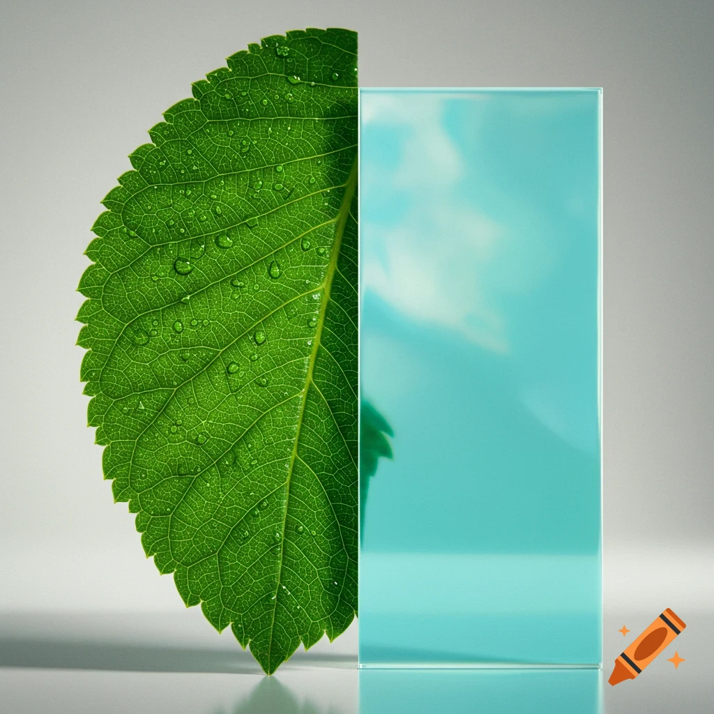 A vibrant green leaf with water droplets stands beside a shiny blue-green rectangular block.