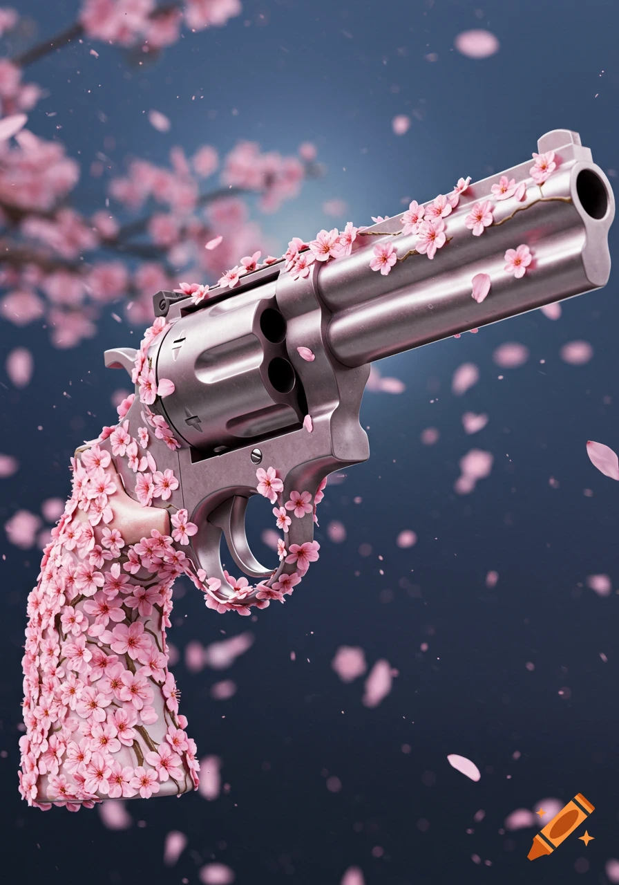 A silver revolver covered in vibrant pink sakura blossoms, floating against a dark blue background with falling petals.