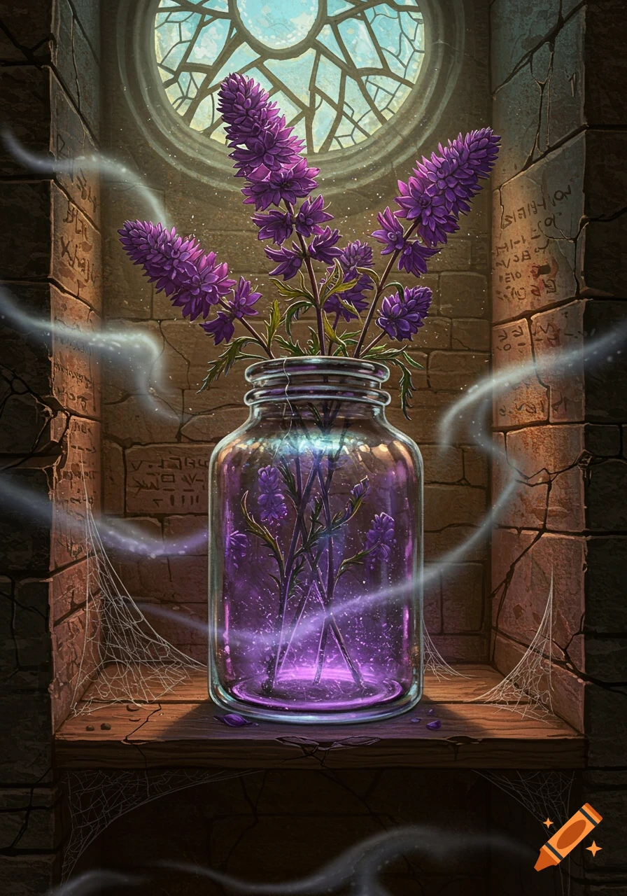 A glowing jar of purple flowers sits on a dusty wooden shelf in a stone chamber with a round, patterned window.