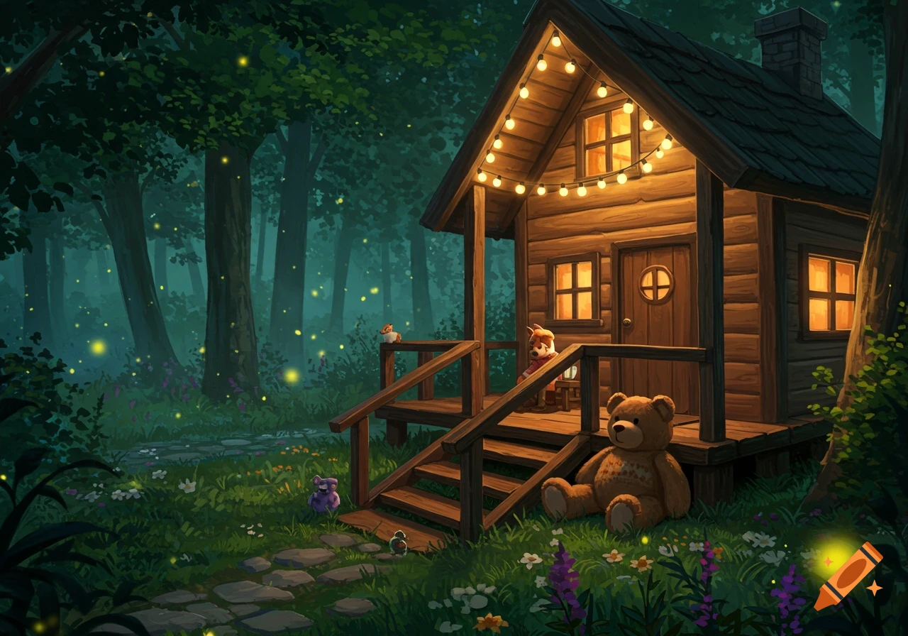 A cozy wooden cabin adorned with string lights in a mystical forest at night, surrounded by glowing fireflies, a teddy bear, and a small figure.