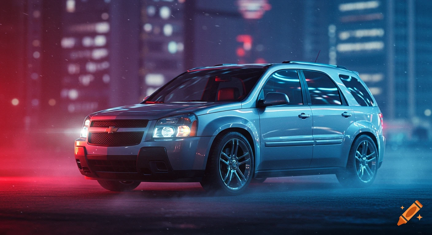 A photorealistic gray Chevrolet Equinox SUV with bright headlights in a neon-lit city at night, with red and blue ambient light and mist.