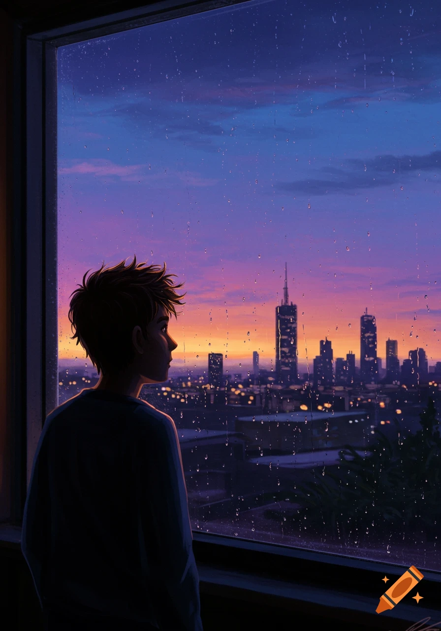 Digital art of a person looking out a rainy window at a vibrant sunset city skyline.