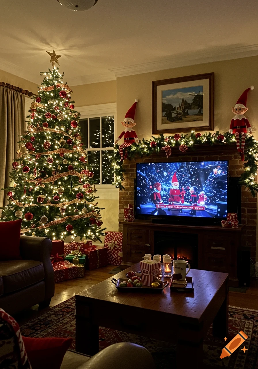 A cozy living room at night with a brightly lit Christmas tree, wrapped presents, and a TV playing a Christmas movie. Elf dolls sit on the mantlepiece.