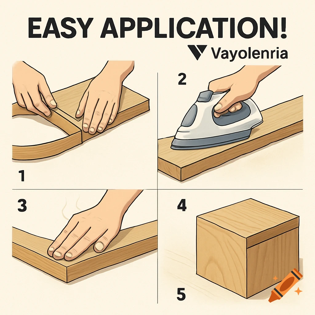 Five-step illustrated guide for applying edge banding to wood, showing hands using an iron and trimming edges.