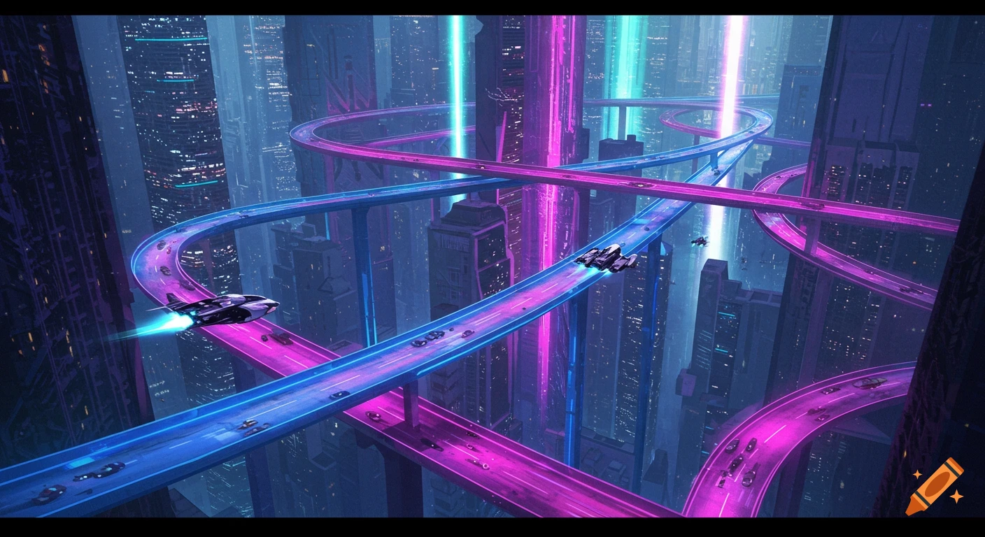 A vibrant futuristic city at dusk, with glowing pink and blue multi-level highways weaving between tall skyscrapers, and flying vehicles traversing the roads.
