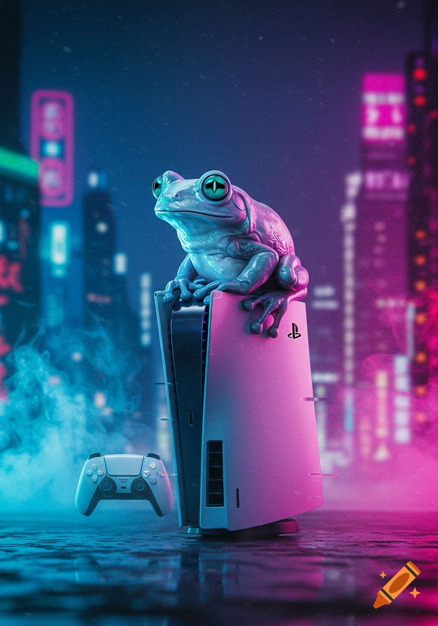A stylized, glowing frog sits atop a pink PlayStation 5 console with a controller floating nearby, set against a neon-lit city at night.