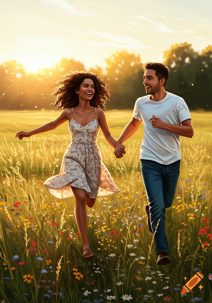 A man and woman joyfully run hand-in-hand through a sunlit field filled with tall grass and wildflowers, in an illustration style.