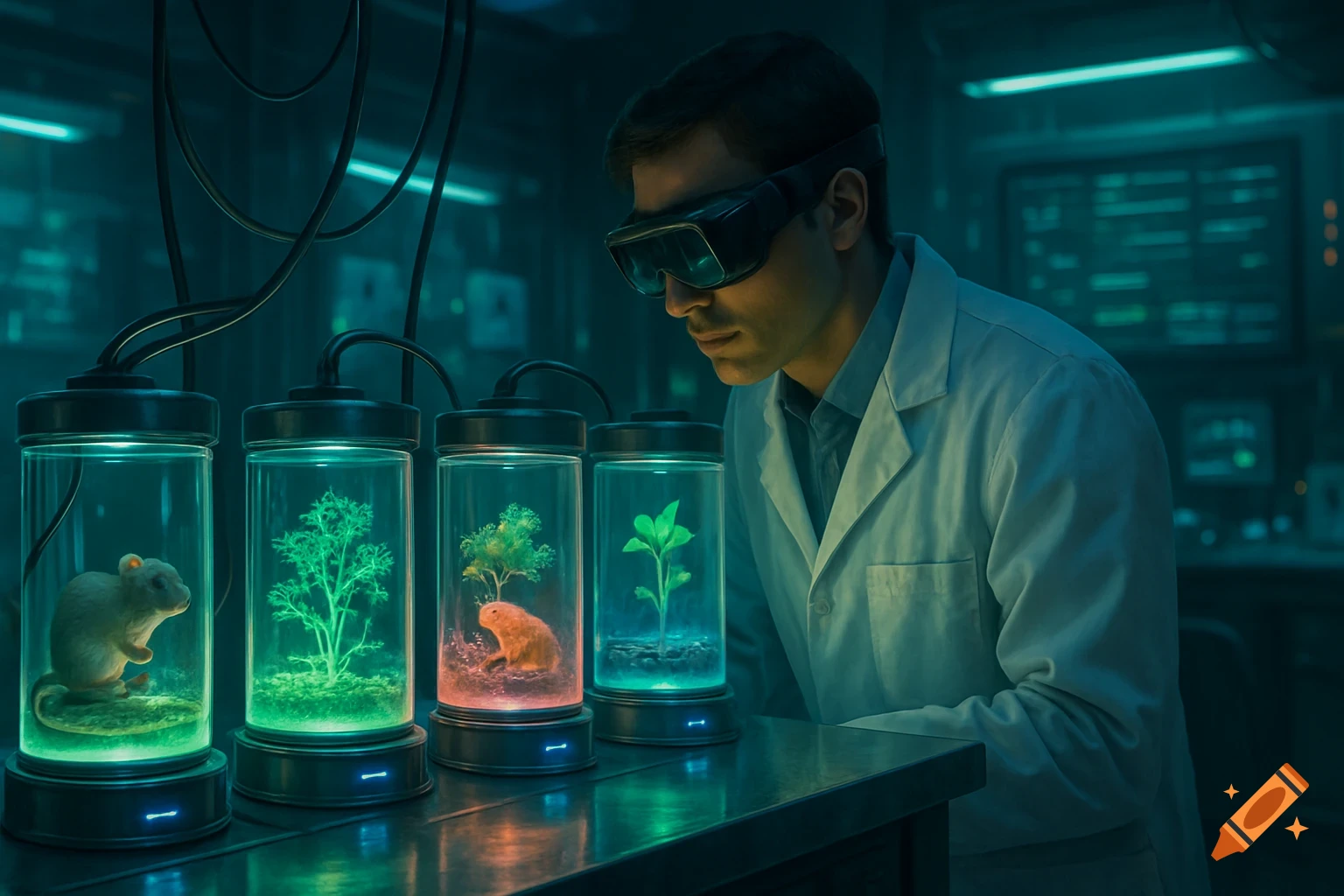 A researcher in a futuristic lab wearing VR-like goggles observes glowing vials containing a mouse, plants, and another rodent.