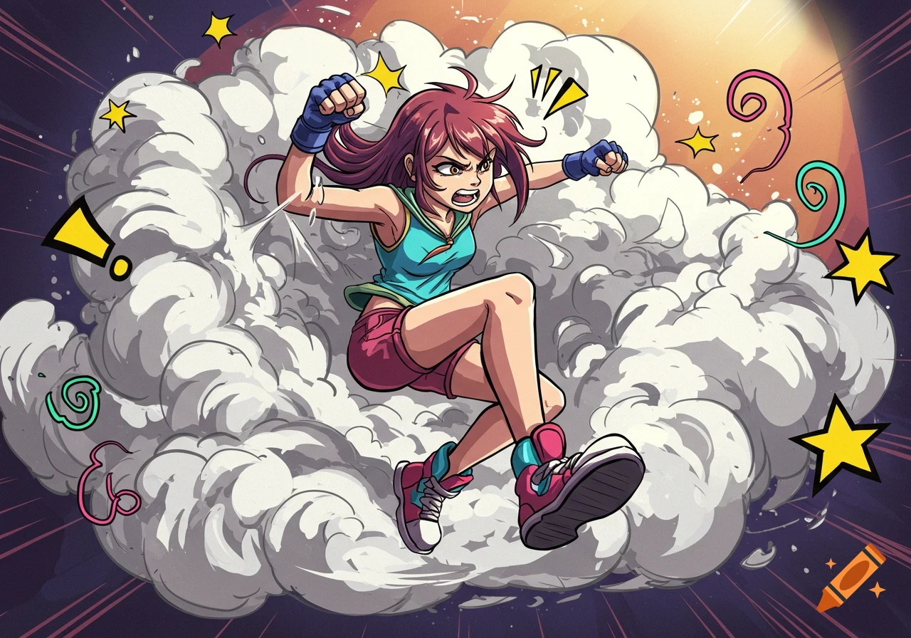 An anime woman with red hair punches amidst a dynamic white fight cloud with stars, against a stylized background.