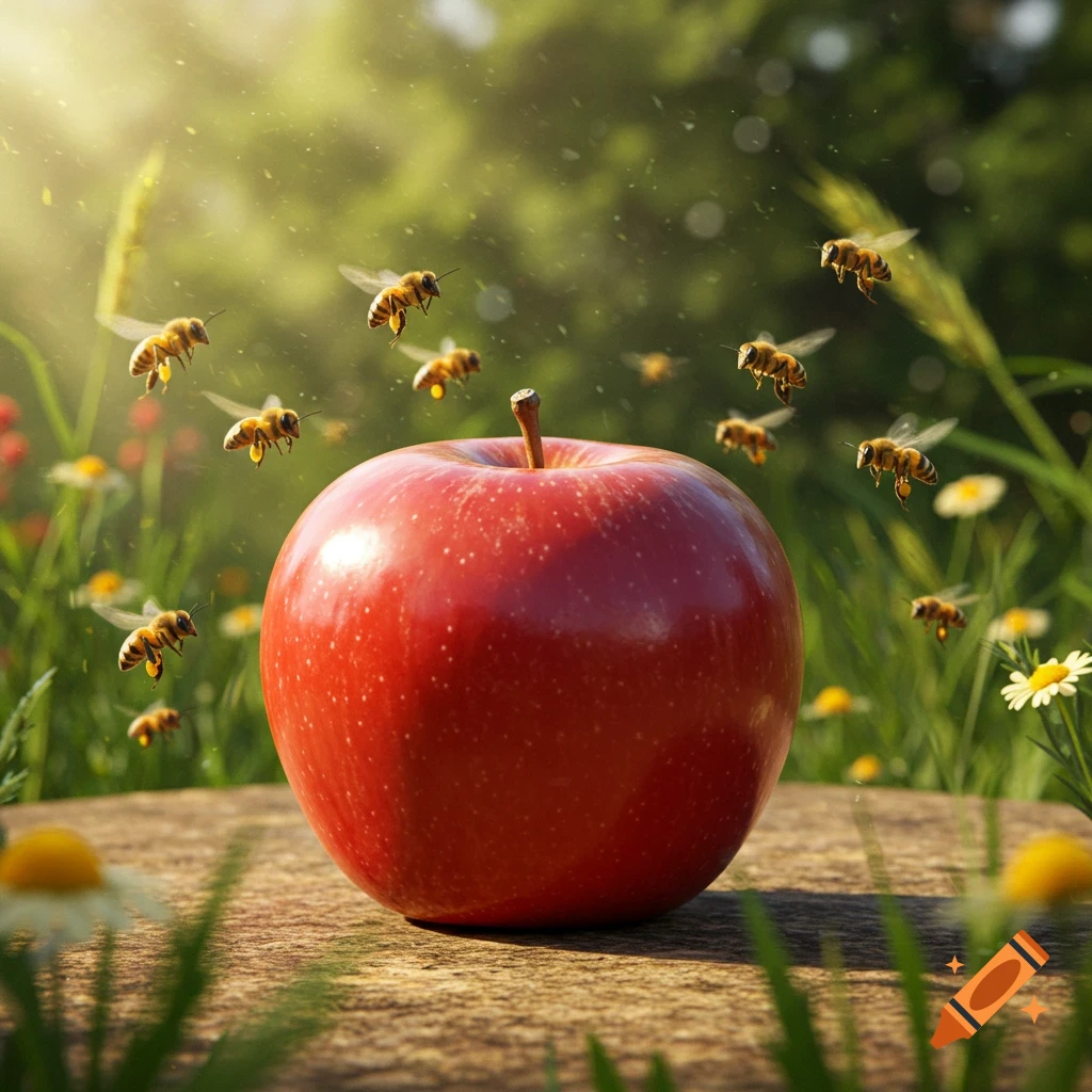A vibrant red apple sits on a wooden surface in a sunny field with wildflowers, as several bees fly around it.