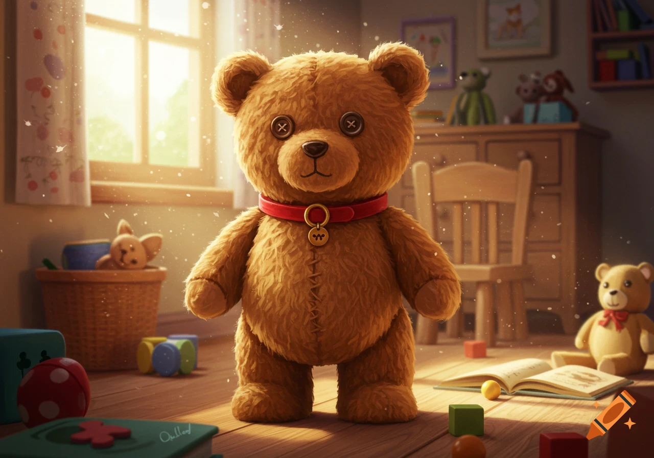A fluffy brown teddy bear with button eyes and a red collar stands in a sunlit child's room with toys scattered on the floor.