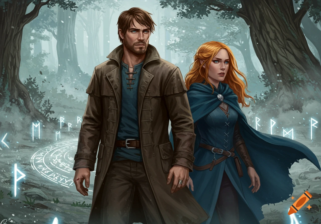 Two fantasy figures, a man in a brown coat and a woman with red hair in a blue cloak, stand in a mystical forest with glowing runes.
