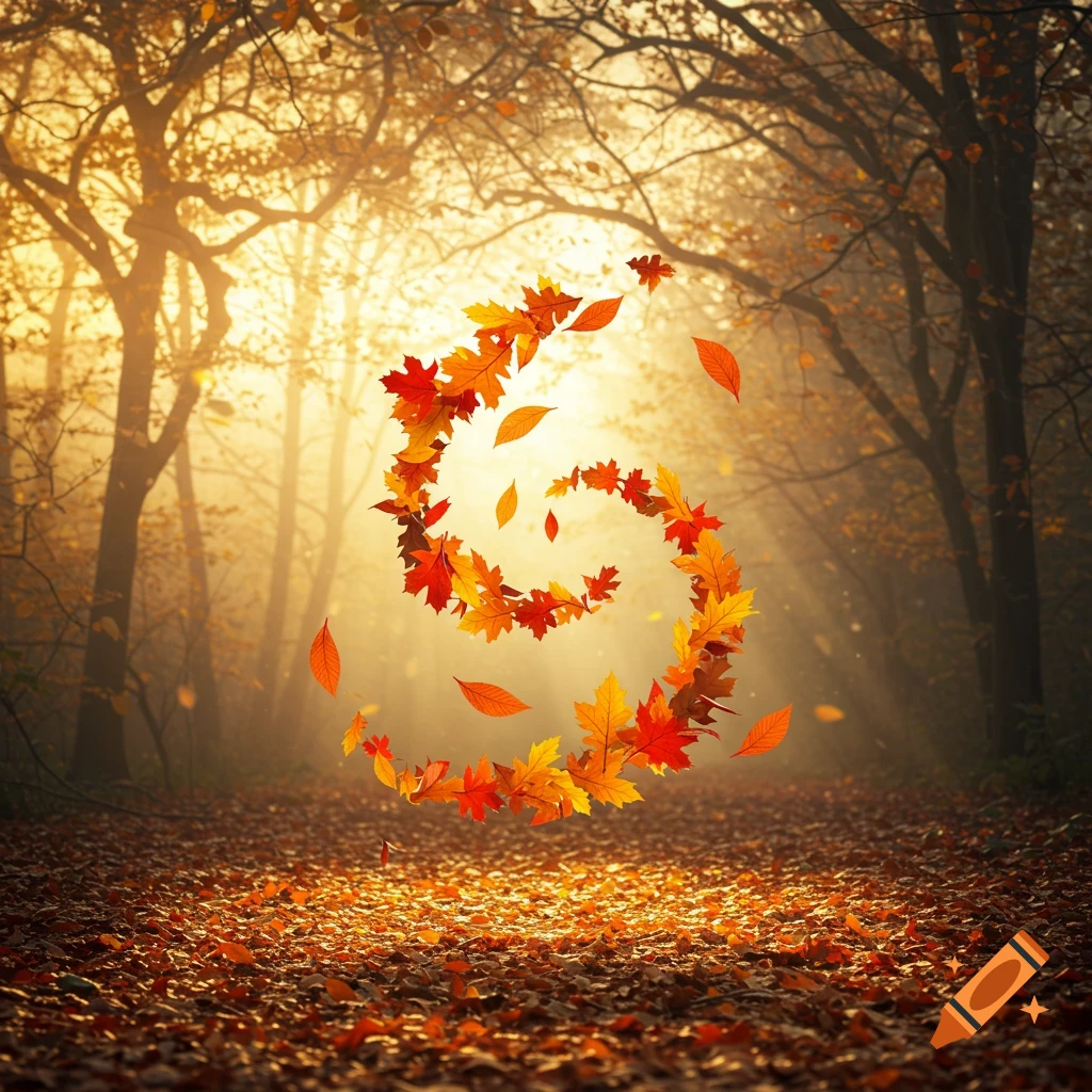 A vibrant autumn forest path with golden sunlight and a spiral of red and orange leaves floating in the air.