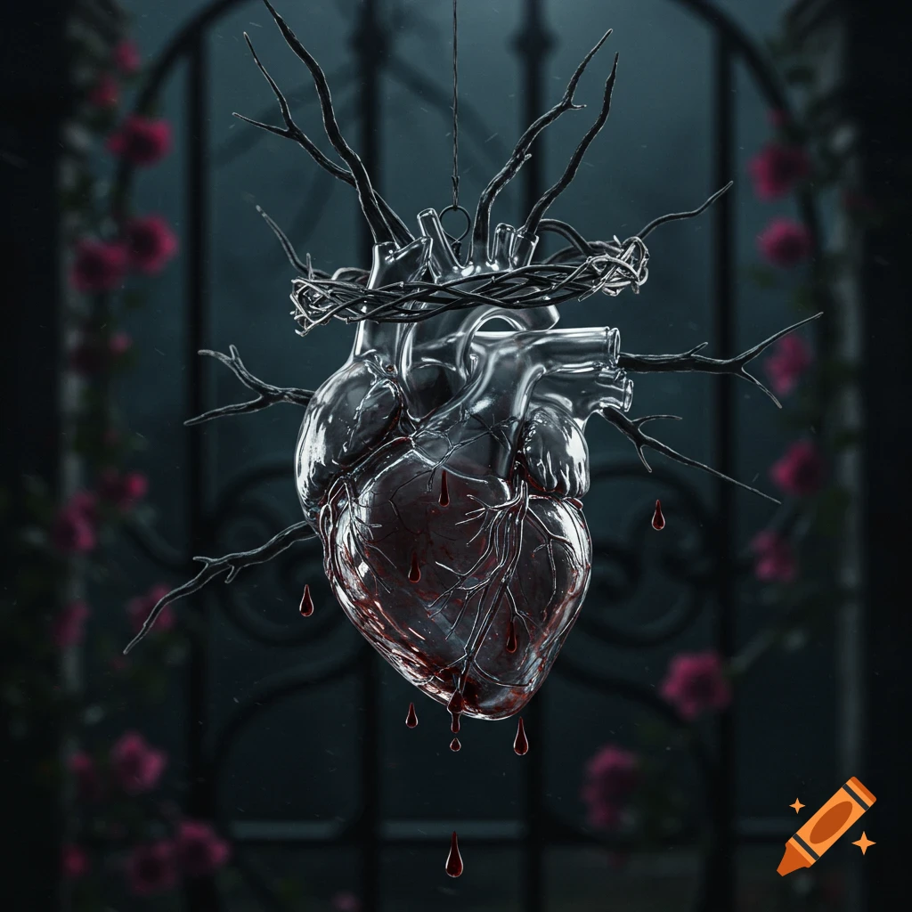 A suspended glass anatomical heart, dripping blood, wrapped in branches, crowned with thorns, against a blurred gothic gate and dark roses.