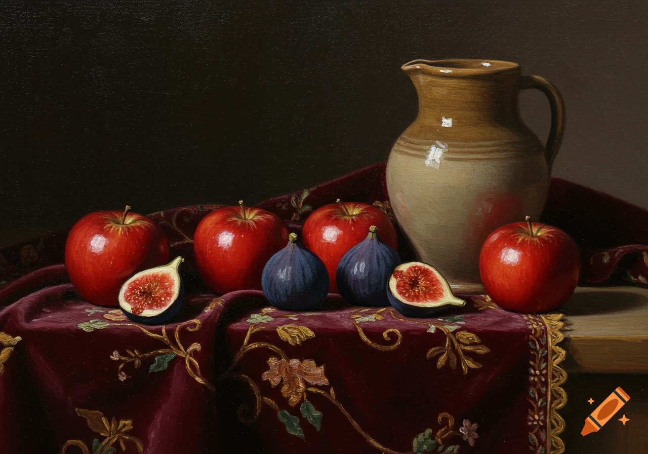 Still life painting of red apples, purple figs, and a cream pitcher on a red velvet tablecloth.