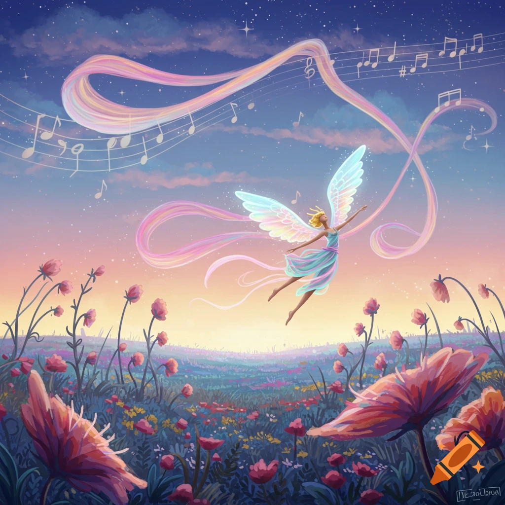 A whimsical fairy with translucent wings flies over a vibrant field of flowers, leaving a trail of colorful musical notes in the starry twilight sky. Illustration.