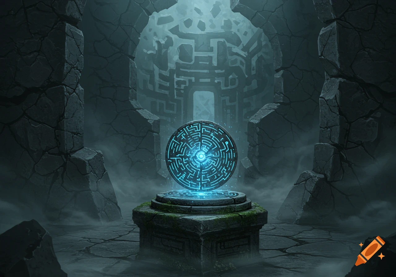 A glowing blue labyrinth disc on a mossy stone pedestal in an eerie, dark fantasy ruin with a large labyrinth background.