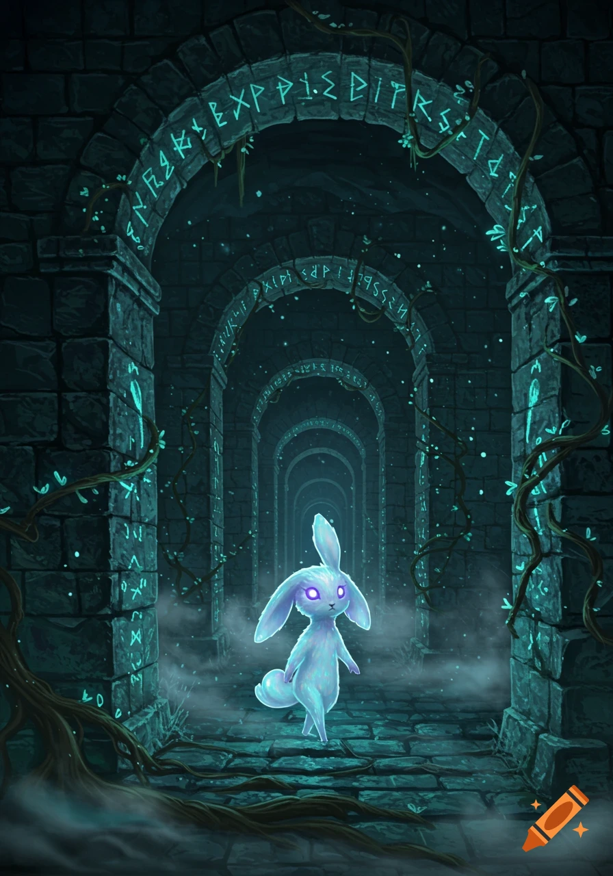 A glowing, white, bunny-like creature with purple eyes stands in a dark, arched stone labyrinth with glowing teal runes and vines.