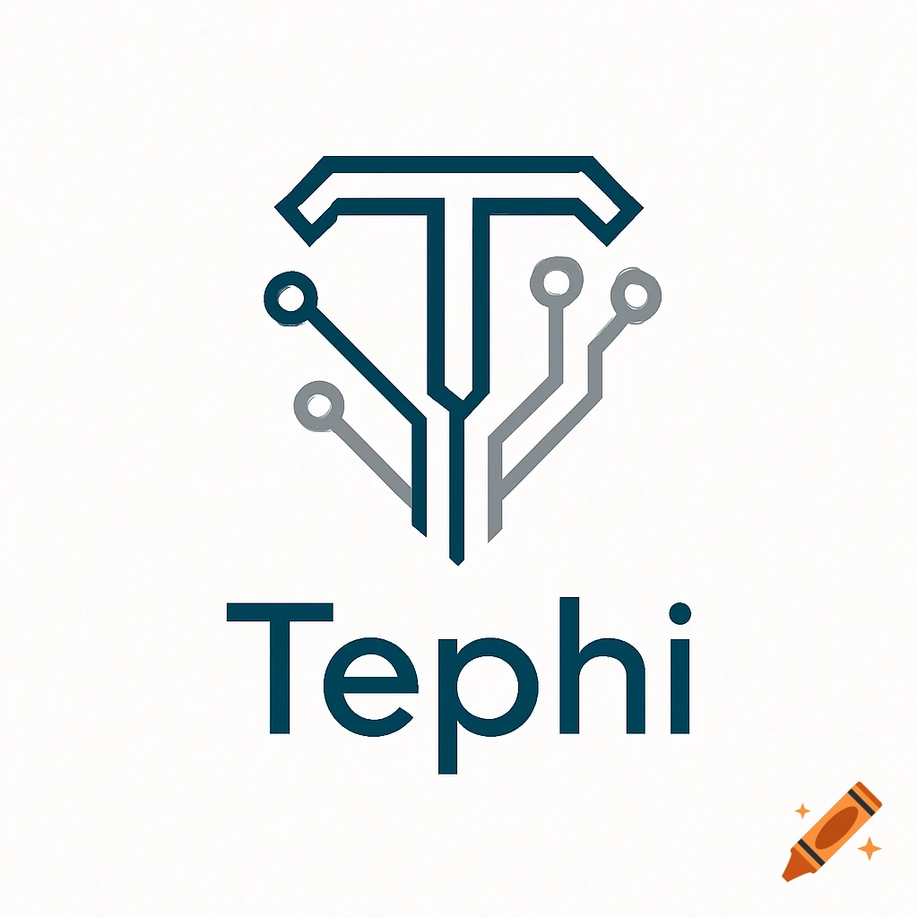 A logo for Tephi, featuring a stylized dark blue 'T' integrated with gray circuit board lines on a white background.