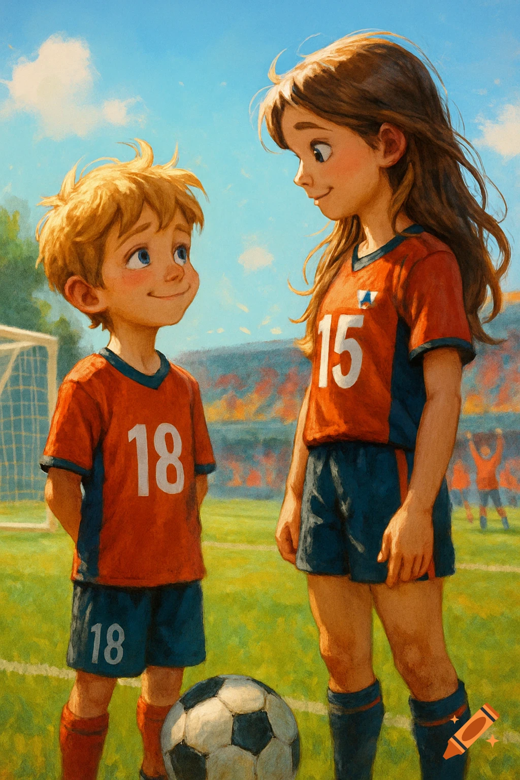 A stylized illustration of a boy with number 18 and a girl with number 15 in soccer uniforms on a field.